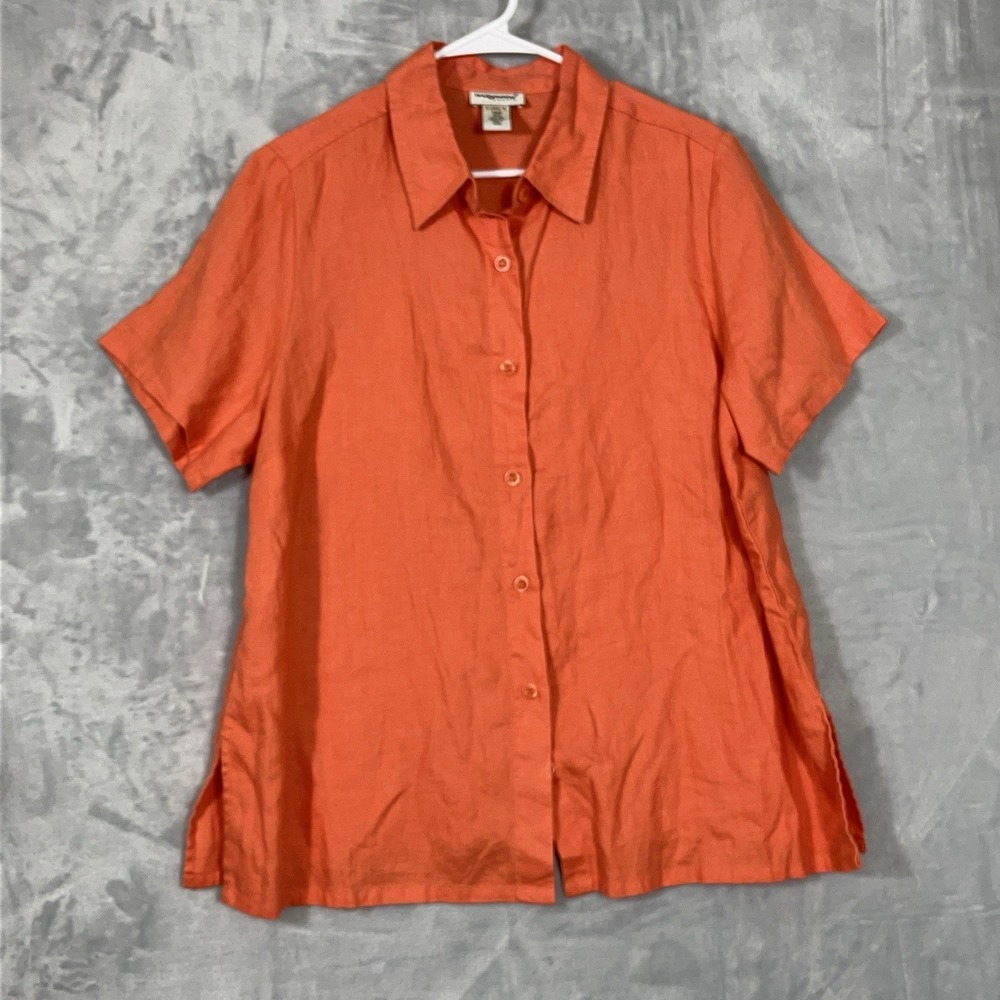 Bridgewater Studio 100% Linen Coral Button Up Short Sleeve Top 18WP‎ (2X) Petite